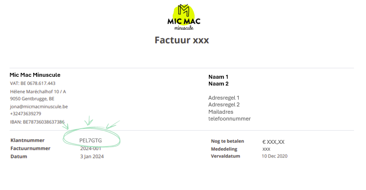Unieke code bovenaan op factuur